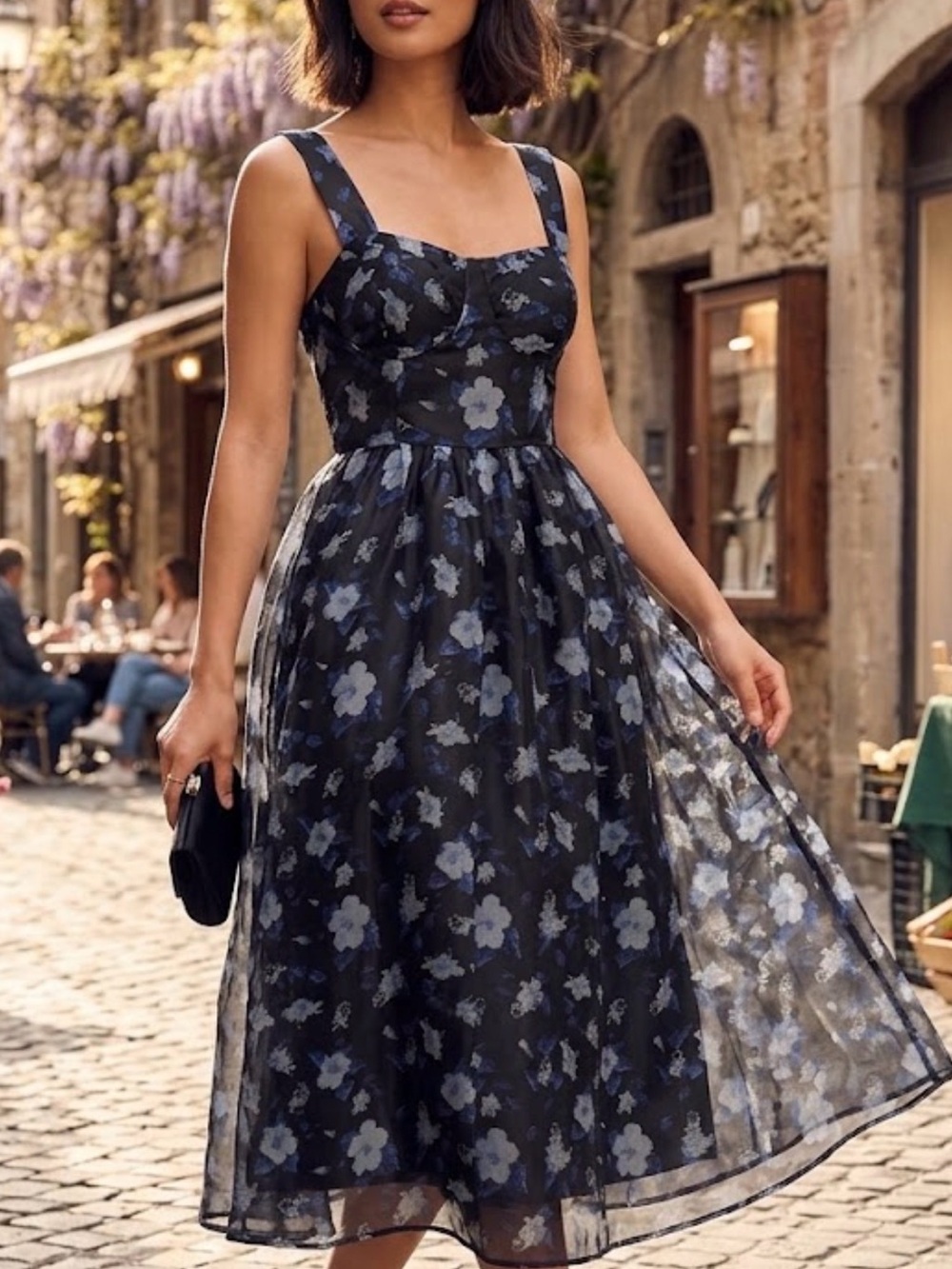 Black Blue Floral Organza Midi Dress Corset Bustier Cocktail Wedding Guest